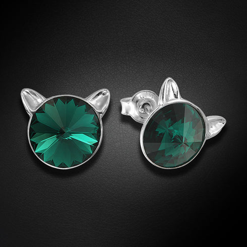 Bērnu sudraba auskari "Kaķis (Emerald)" ar Swarovski™ kristāliem
